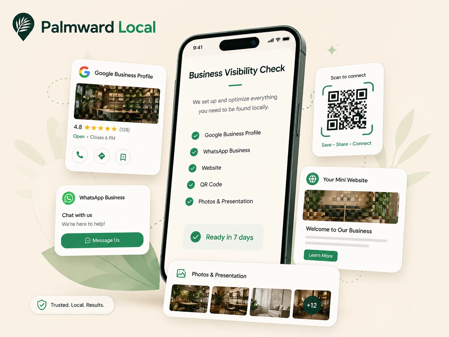 Palmward Local business visibility check with Google profile, WhatsApp, QR and mini website cards